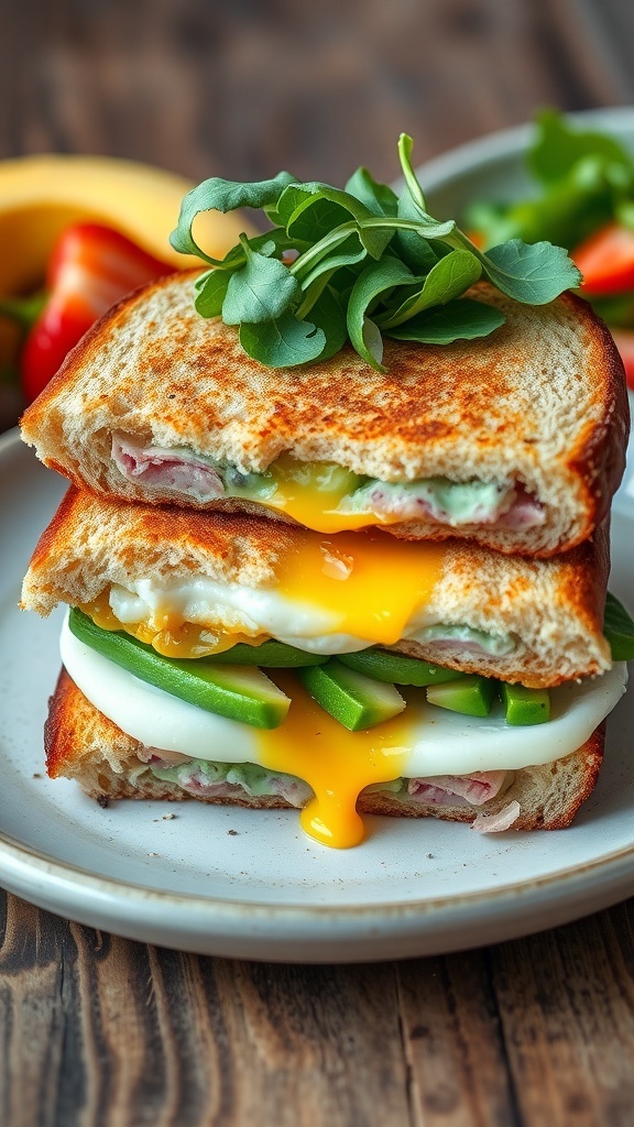 Sourdough breakfast sandwich with eggs, avocado, and greens on a wooden table.